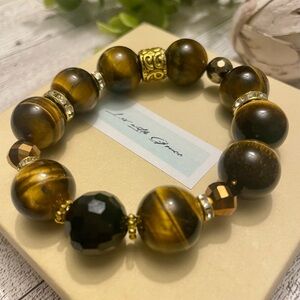 Tiger Eye 14mm brown bracelet with Gold accents handmade, stretch